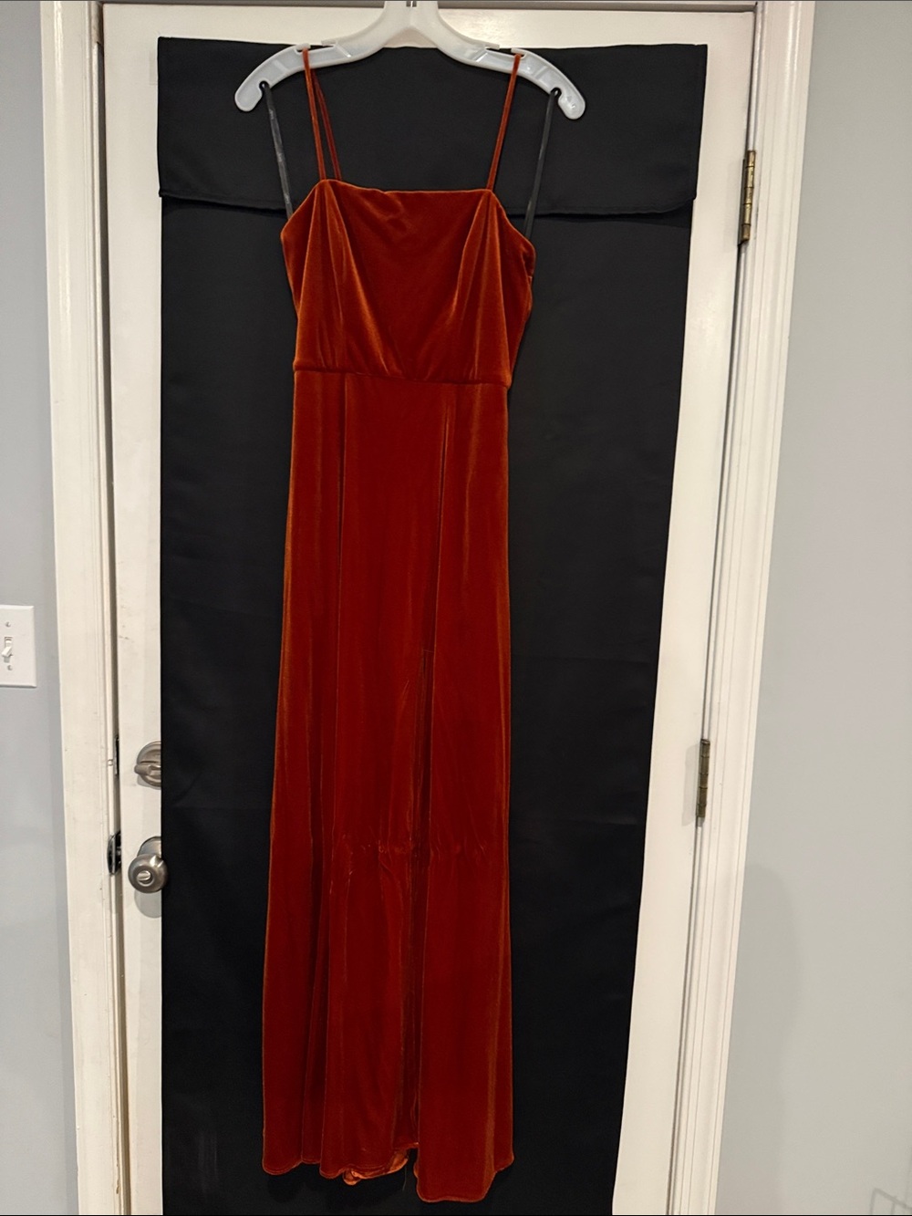 Velvet Spaghetti-Strap Formal Dress in Rust